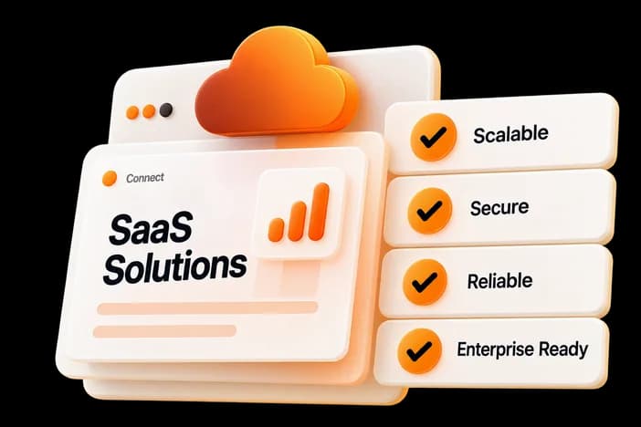 A SaaS dashboard with scalable, secure, reliable and enterprise-ready checkmarks