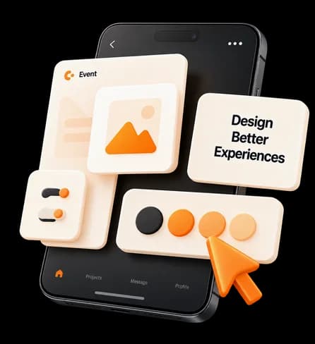 Design screens and tools arranged around a phone mockup
