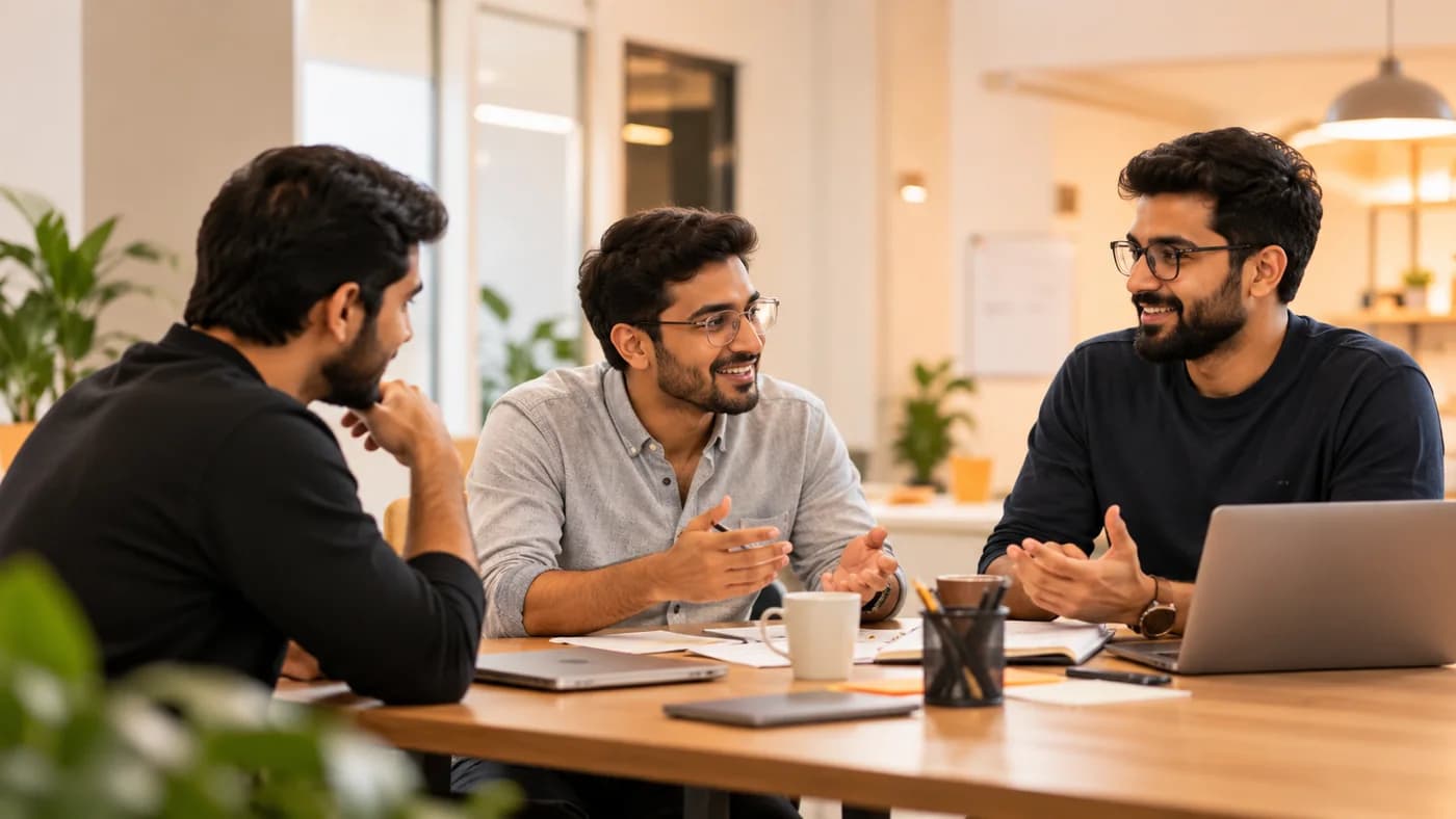 Three colleagues in a relaxed working conversation