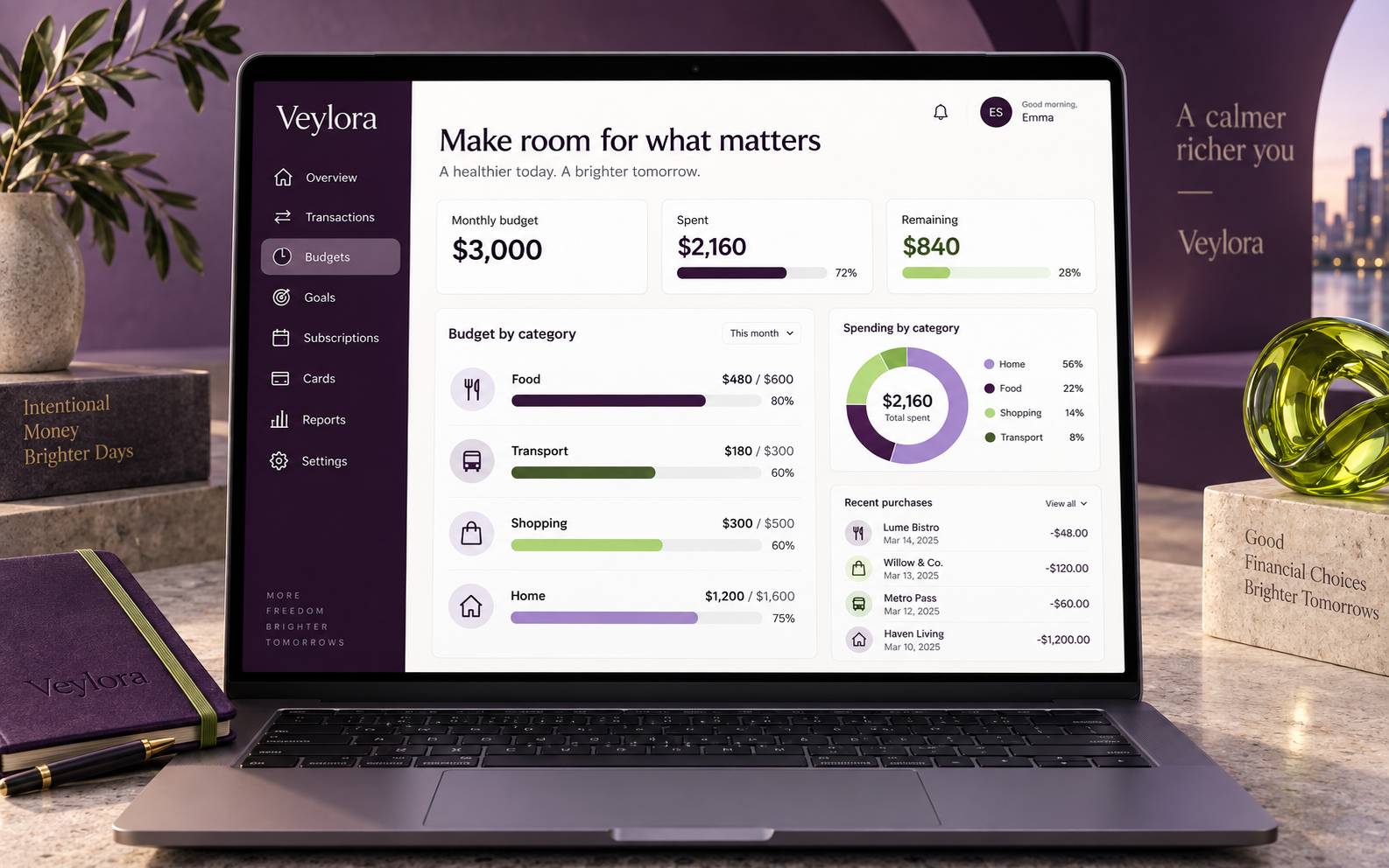 Veylora branded scene: Monthly budgets